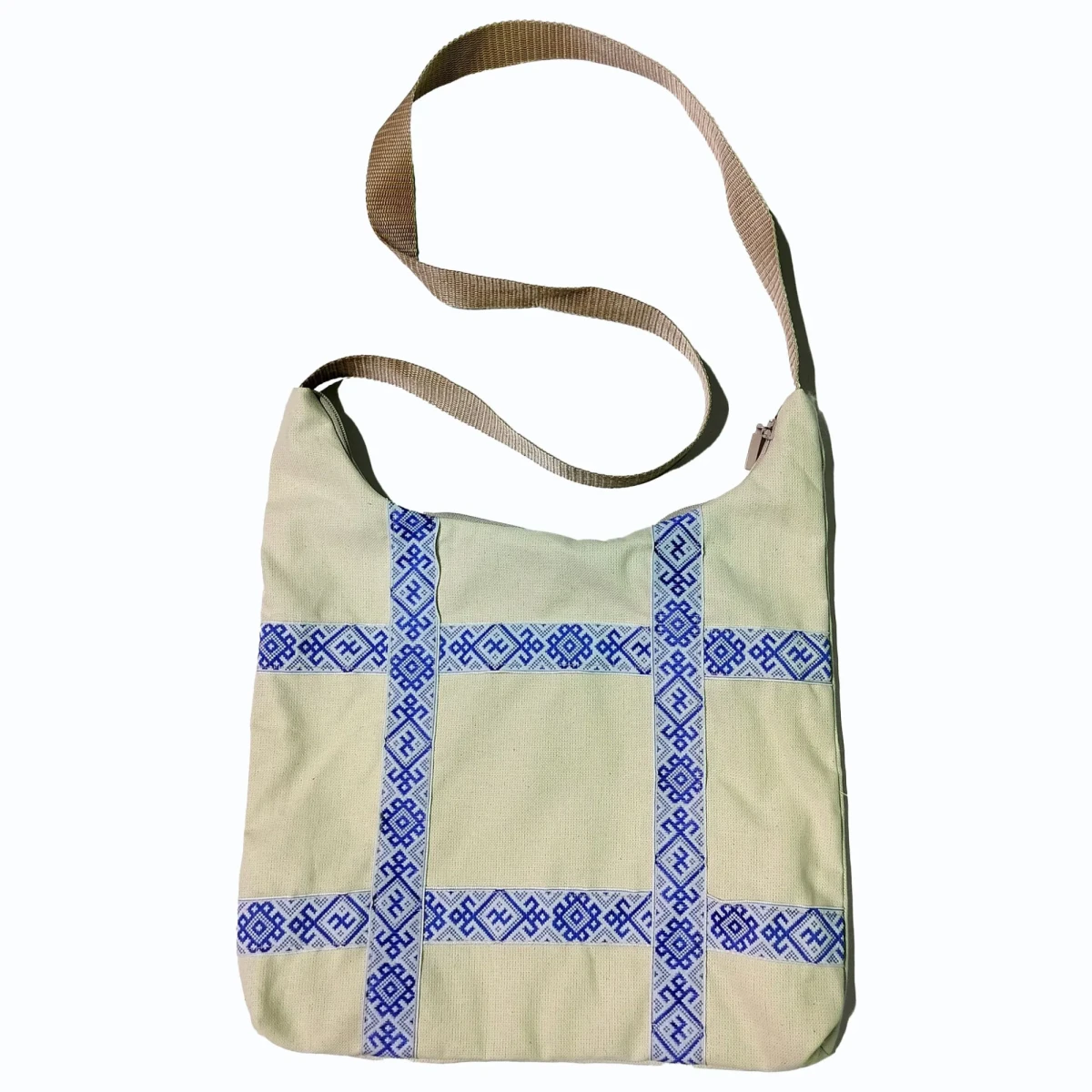 Сумка-хобо бежевая с тесьмой в русском стиле Сумка-хобо бежевая с тесьмой в русском стиле