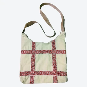 Сумка-хобо бежевая с тесьмой в русском стиле Сумка-хобо бежевая с тесьмой в русском стиле